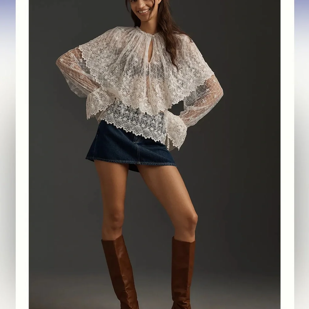 Anthropologie Forever That Girl Long-Sleeve Lace-Bib Blouse